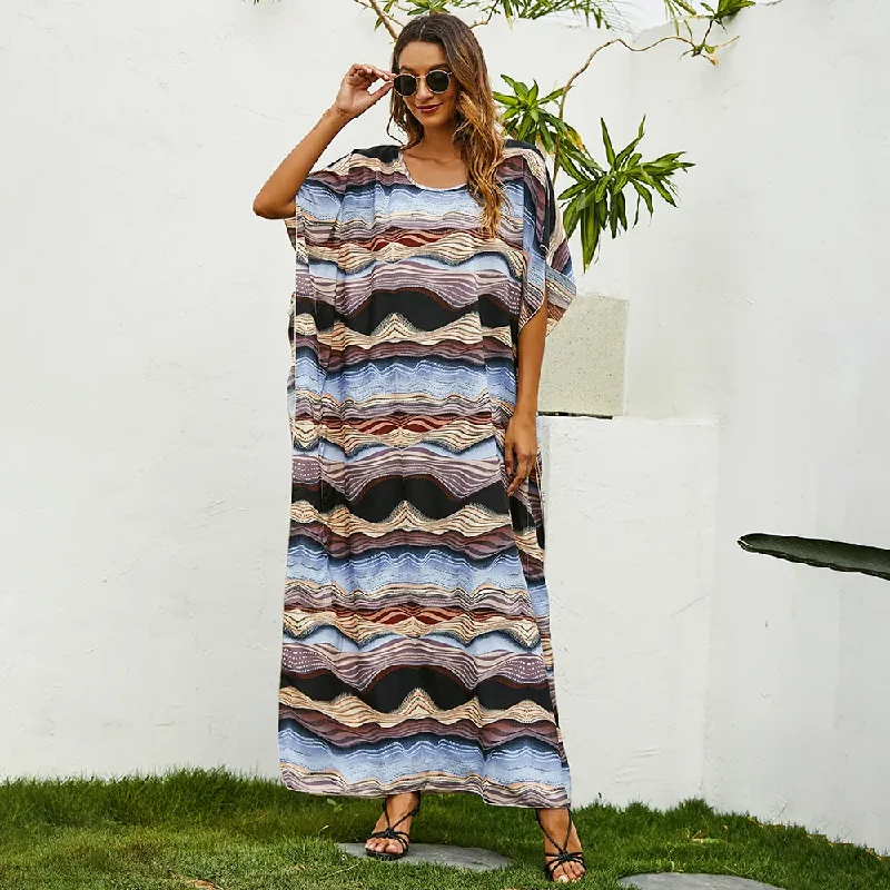 Women Fashion Casual Stripe Printing Batwing Sleeve Loose Long Dress Best floral dresses for tall women