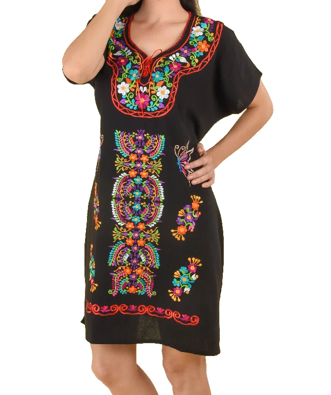 Womens Traditional Embroidered Manta Dress Floral Aztec Black Formal floral dresses