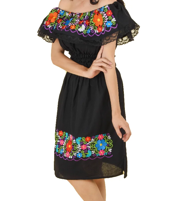 Womens Traditional Embroidered Manta Off Shoulder Dress Floral Black H&M floral dresses