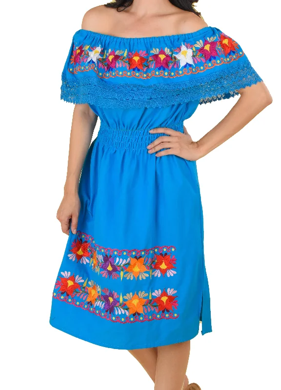 Womens Traditional Embroidered Manta Off Shoulder Dress Floral Loop Blue Vacation floral dresses