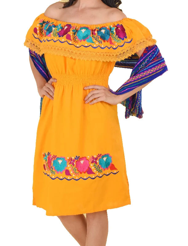 Womens Traditional Embroidered Manta Off Shoulder Dress Floral Loop Orange Boho floral dresses