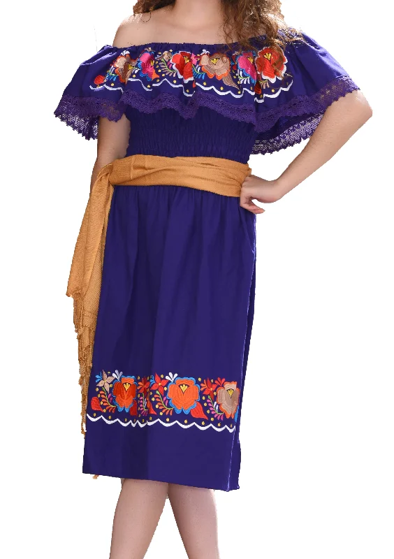 Womens Traditional Embroidered Manta Off Shoulder Dress Floral Loop Purple Edgy floral dresses