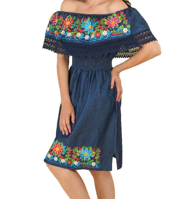 Womens Traditional Embroidered Manta Off Shoulder Dress Floral Navy Preppy floral dresses