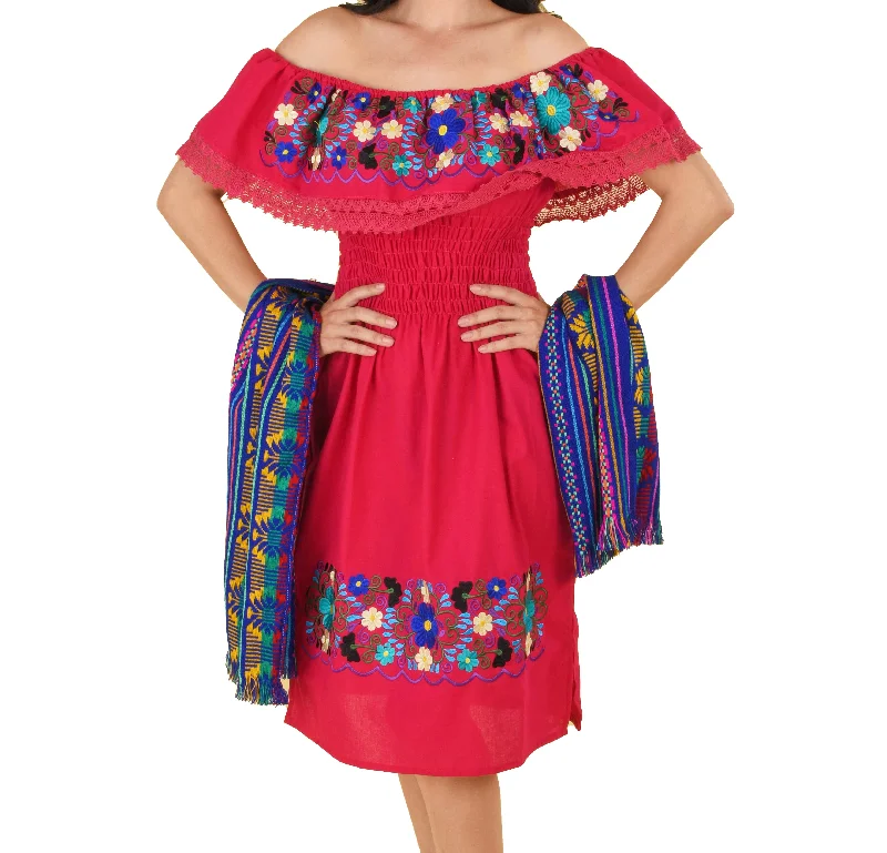 Womens Traditional Embroidered Manta Off Shoulder Dress Floral Red Retro floral dresses