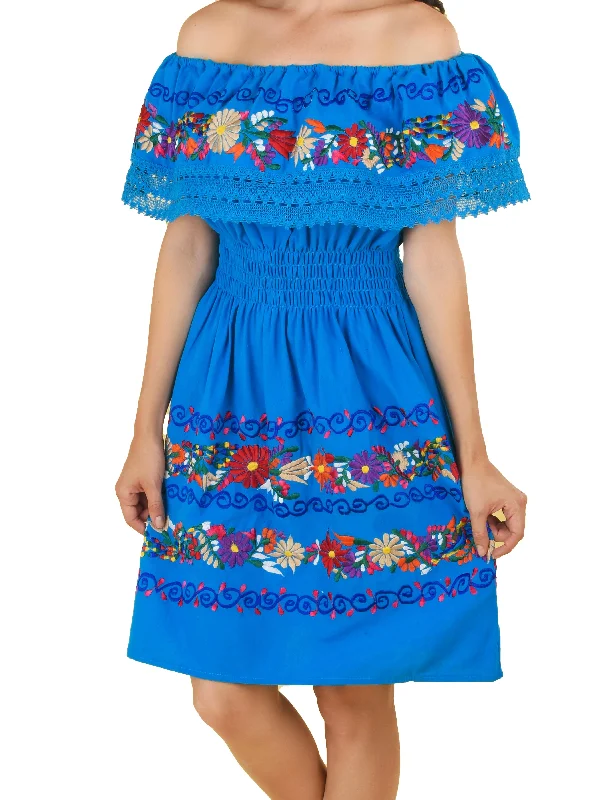 Womens Traditional Embroidered Manta Off Shoulder Dress Floral Royal Blue Y2K floral dresses