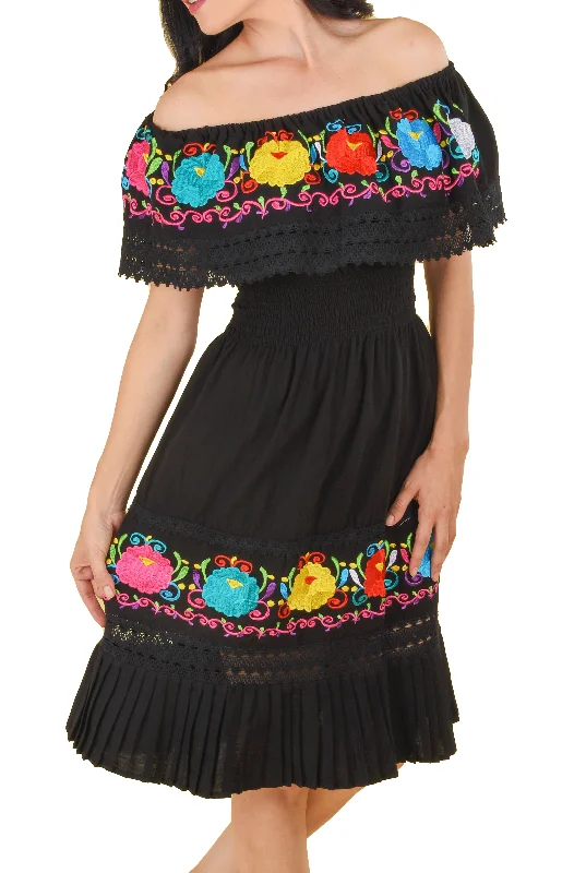 Womens Traditional Embroidered Manta Off Shoulder Pleated Bottom Dress Floral Black Tulle floral dresses