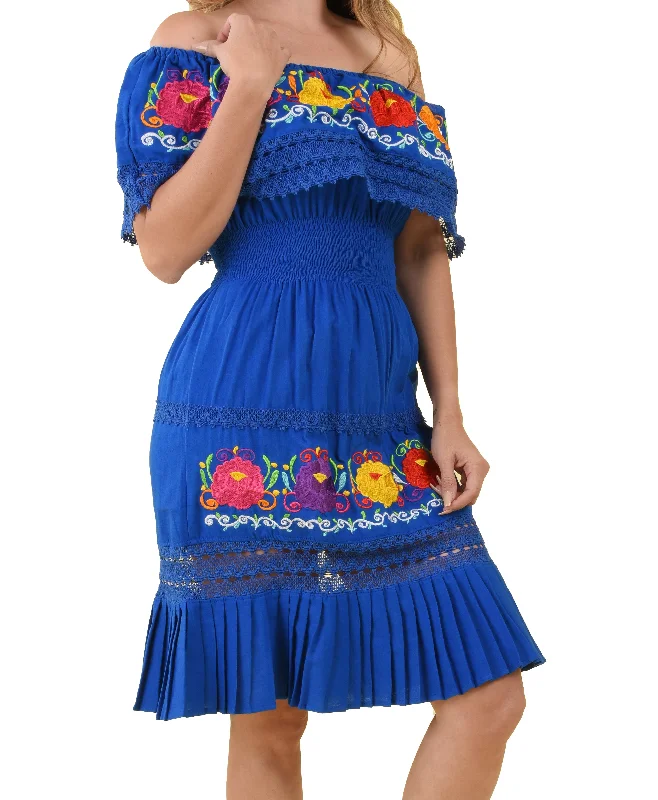 Womens Traditional Embroidered Manta Off Shoulder Pleated Bottom Dress Floral Blue Velvet floral dresses