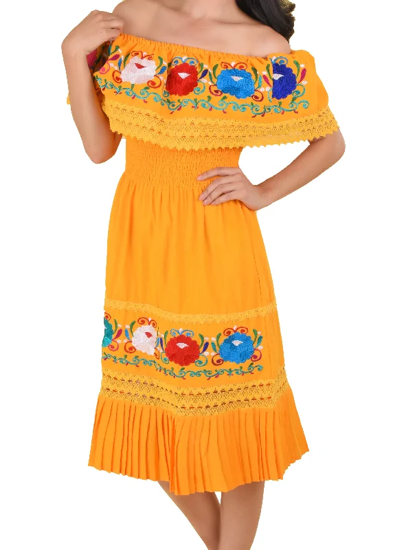 Womens Traditional Embroidered Manta Off Shoulder Pleated Bottom Dress Floral Orange Knitted floral dresses