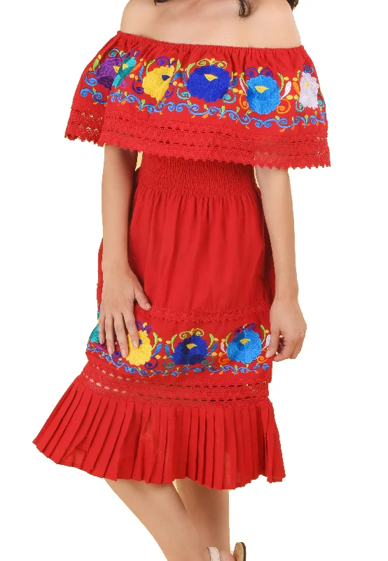 Womens Traditional Embroidered Manta Off Shoulder Pleated Bottom Dress Floral Red Casual floral dresses