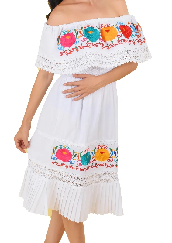 Womens Traditional Embroidered Manta Off Shoulder Pleated Bottom Dress Floral White Elegant floral dresses