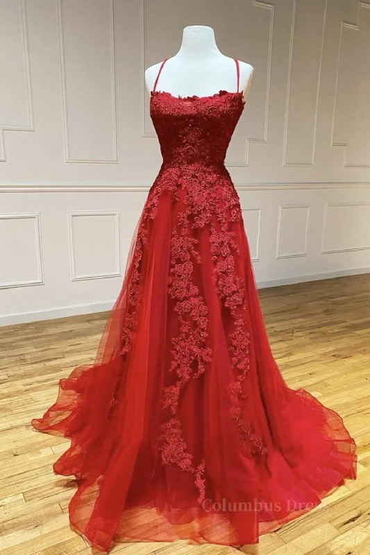 A Line Backless Red Lace Long Corset Prom Dress, Long Red Lace Corset Formal Dress, Red Evening Dress outfit Sleeveless Lace Dress