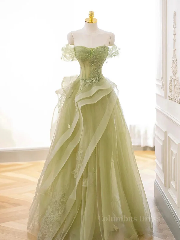 A-Line Off Shoulder Green Lace Long Corset Prom Dress, Green Corset Formal Dress outfit Ruffled Lace Gown