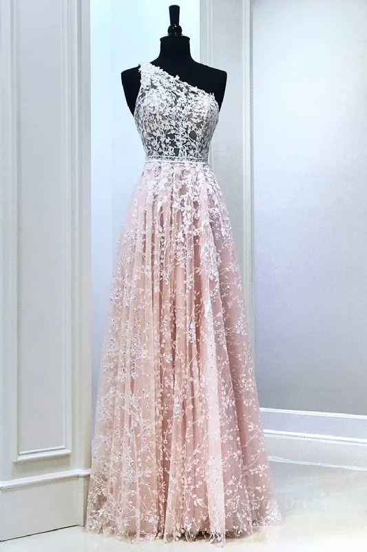 A Line One Shoulder Pink Lace Long Corset Prom Dress, Pink Lace Corset Formal Dress, Pink Evening Dress outfit Lace Dress Formal