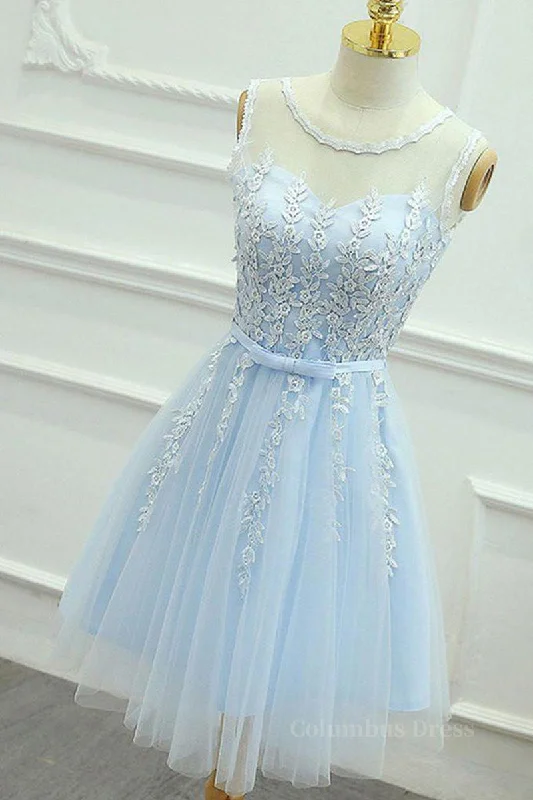 A Line Round Neck Lace Blue Short Corset Prom Dress, Short Blue Lace Corset Formal Graduation Corset Homecoming Dress outfit Lace Dress Glamour