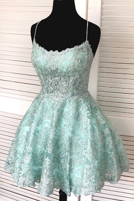 A-Line Spaghetti Straps Backless Mint Green Lace Short Corset Prom Dress, Backless Mint Green Lace Corset Formal Graduation Corset Homecoming Dress outfit Lace Dress Sparkly