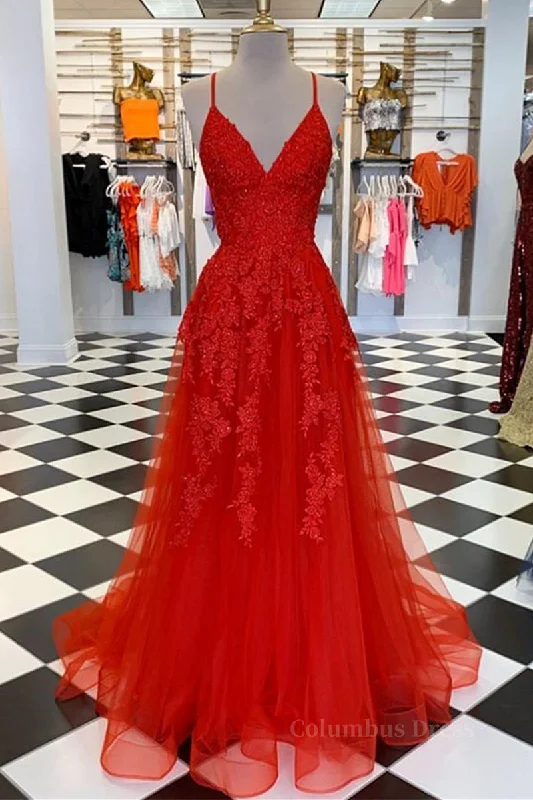 A Line Spaghetti Straps V Neck Red Lace Long Corset Prom Dress, Red Lace Corset Formal Dress, Red Evening Dress outfit Sexy Lace Gown