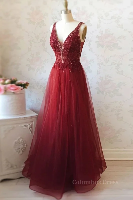 A Line V Neck and V Back Long Beading Lace Burgundy Corset Prom Dress, Lace Burgundy Corset Formal Graduation Evening Dress outfit Layered Lace Dress