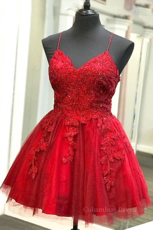 A Line V Neck Backless Lace Red Short Corset Prom Dress Corset Homecoming Dress, Backless Red Lace Corset Formal Graduation Evening Dress outfit Romantic Lace Dress