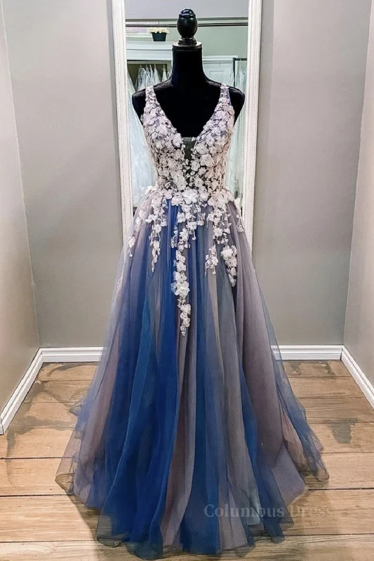 A Line V Neck Blue Lace Long Corset Prom Dress, Long Blue Corset Formal Evening Dress outfit Boho Lace Dress