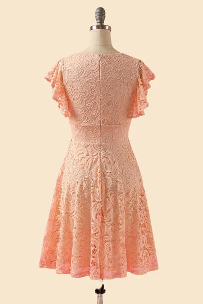 A-Line V-Neck Lace Peach Pink Bridesmaid Dress Bohemian Lace Dress