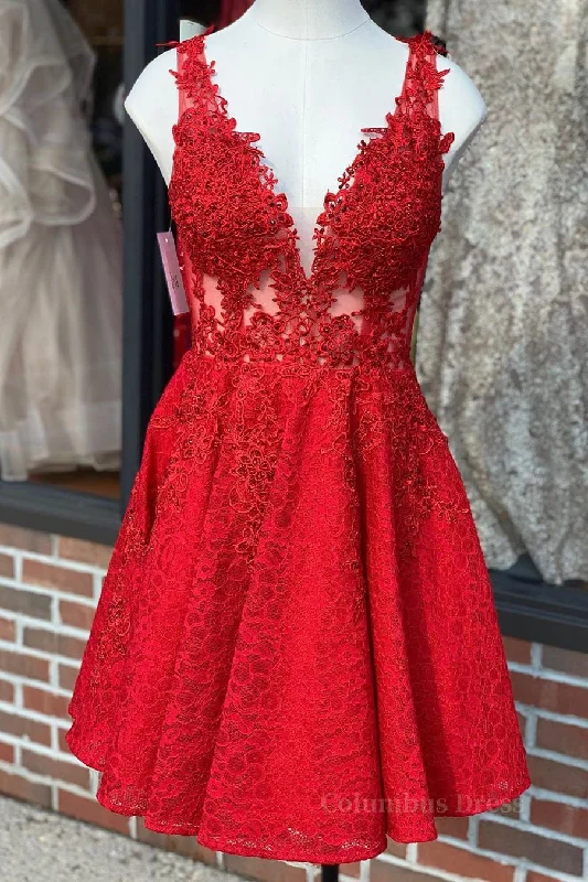 A Line V Neck Short Red Lace Corset Prom Dress, Red Lace Corset Formal Graduation Corset Homecoming Dress outfit Light Lace Dress