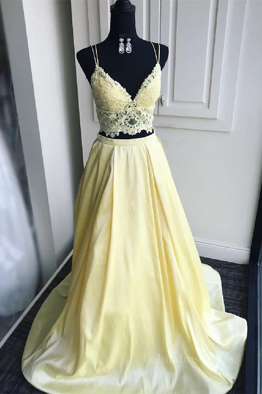 A Line V Neck Two Pieces Lace Top Yellow Corset Prom Dress, Two Pieces Yellow Corset Formal Dress, Yellow Lace Evening Dress outfit Lace Dress Perfect