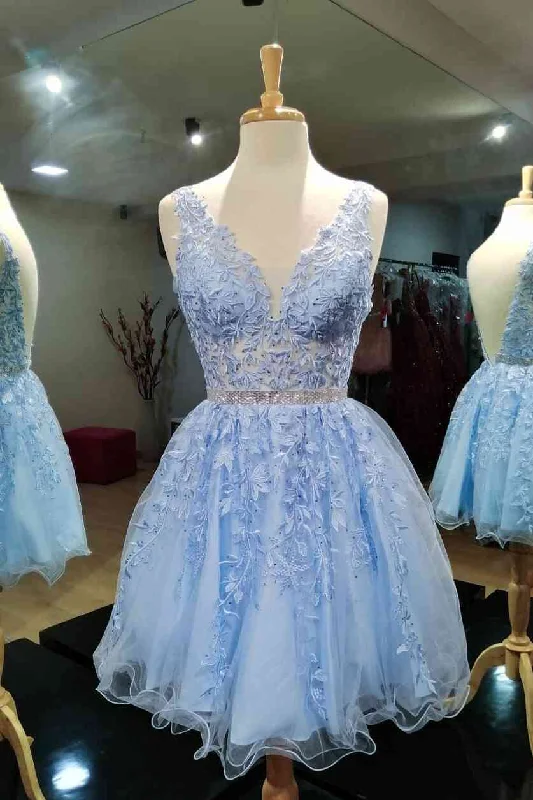 Backless Light Blue Lace Applique Short Homecoming Dress Elegant Lace Design