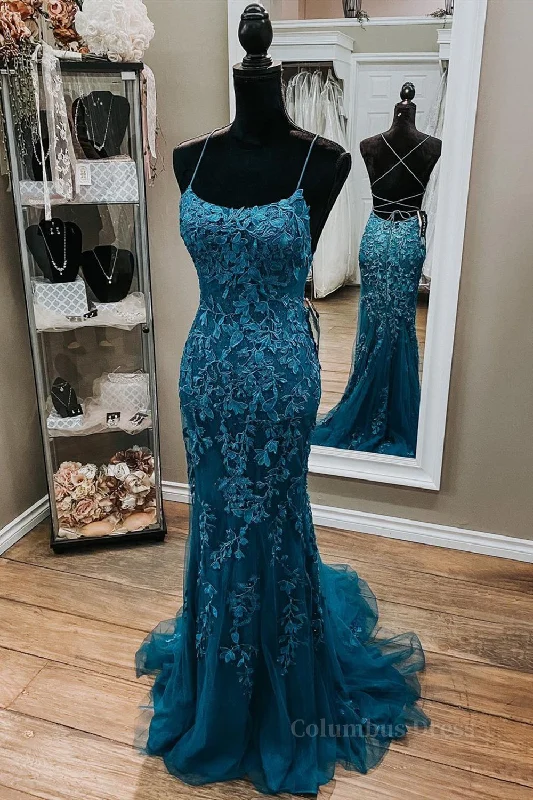 Backless Mermaid Dark Teal Lace Long Corset Prom Dress, Mermaid Teal Lace Long Corset Formal Evening Dress outfit Lace Detail Dress