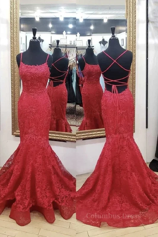 Backless Mermaid Red Lace Long Corset Prom Dress, Mermaid Red Lace Corset Formal Dress, Red Lace Evening Dress outfit Lace Dress Glam