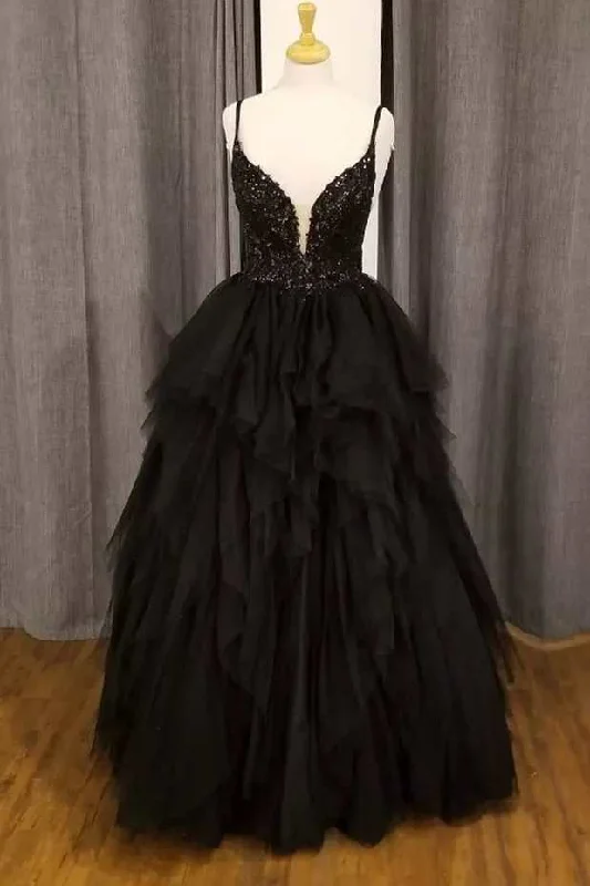 Black Tulle Floral Lace Straps Tiered A-Line Prom Gown Soft Lace Dress