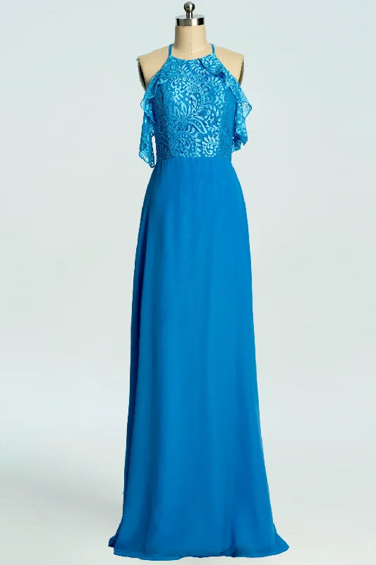 Blue A-line Lace and Chiffon Full Length Bridesmaid Dress Lace Dress Elegance