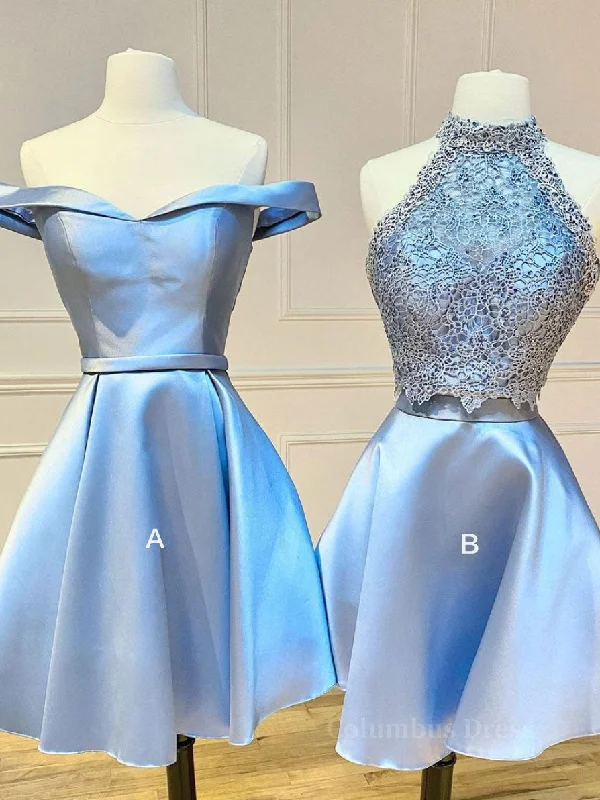 Blue lace satin short Corset Prom dress, blue Corset Homecoming dress outfit