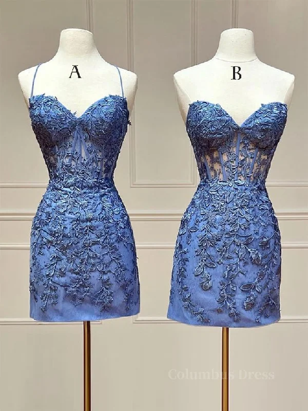 Blue Lace Short Corset Prom Dress, Blue Corset Homecoming Dress outfit Lace Party Gown