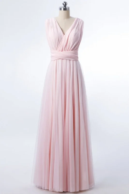 Blush Pink V-Neck Lace-Up A-Line Bridesmaid Dress Ruffled Lace Dress