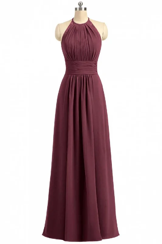 Burgundy Chiffon Halter Long Bridesmaid Dress with Lace Strap Lace Dress Set