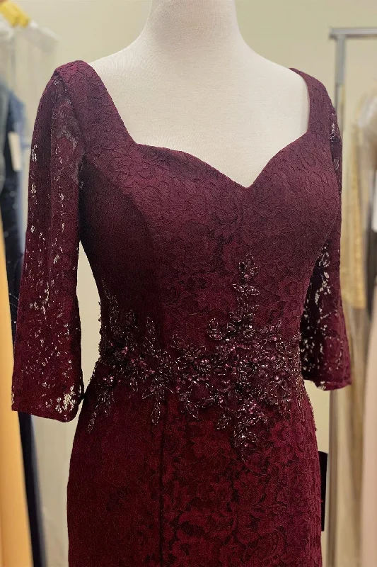 Burgundy Lace Beaded Half Sleeves Long Mother of Bride Dress White Lace Dress