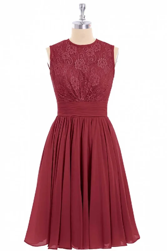 Burgundy Lace Sleeveless Backless A-Line Short Bridesmaid Dress Chic Lace Dress