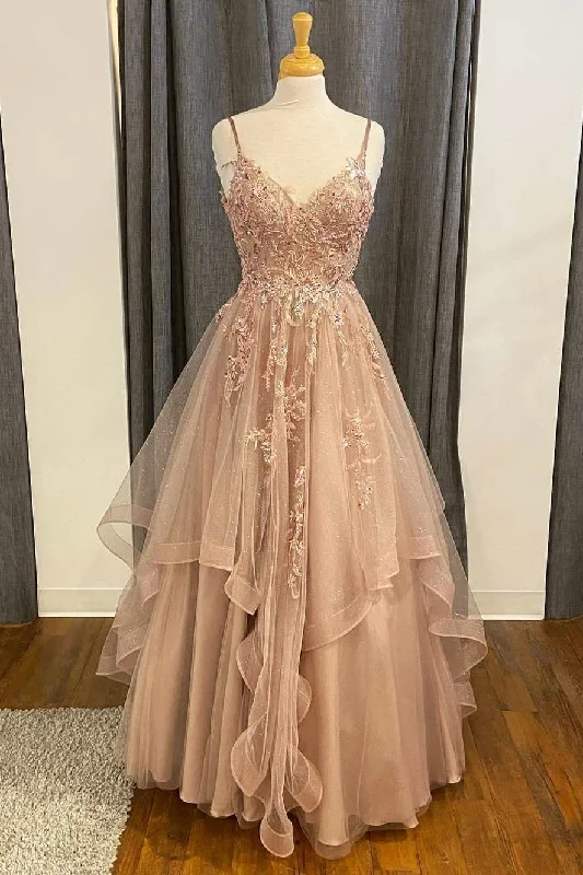 Champagne Lace Beaded V-Neck Straps A-Line Tiered Prom Dress Tiered Lace Gown