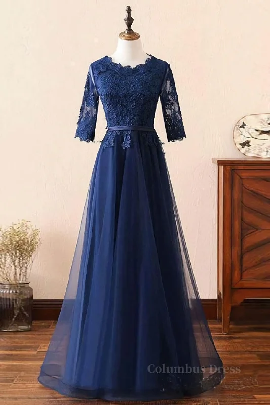 Custom Made Long Sleeves Navy Blue Lace Corset Prom Dress, Long Sleeves Lace Corset Bridesmaid Dress, Long Sleeves Navy Blue Lace Corset Formal Graduation Evening Dress outfit Floral Lace Dress