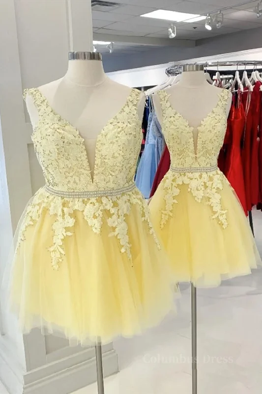 Cute V Neck Yellow Lace Short Corset Prom Dress with Belt, Yellow Lace Corset Homecoming Dress, Short Yellow Corset Formal Evening Dress outfit Lace Bridesmaid Dress