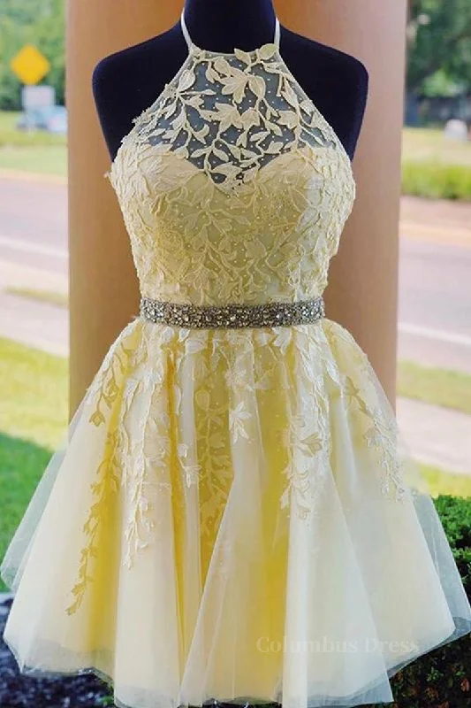 Halter Neck Backless Short Yellow Lace Corset Prom Dress, Yellow Lace Corset Formal Graduation Corset Homecoming Dress outfit Lace Gown Glam