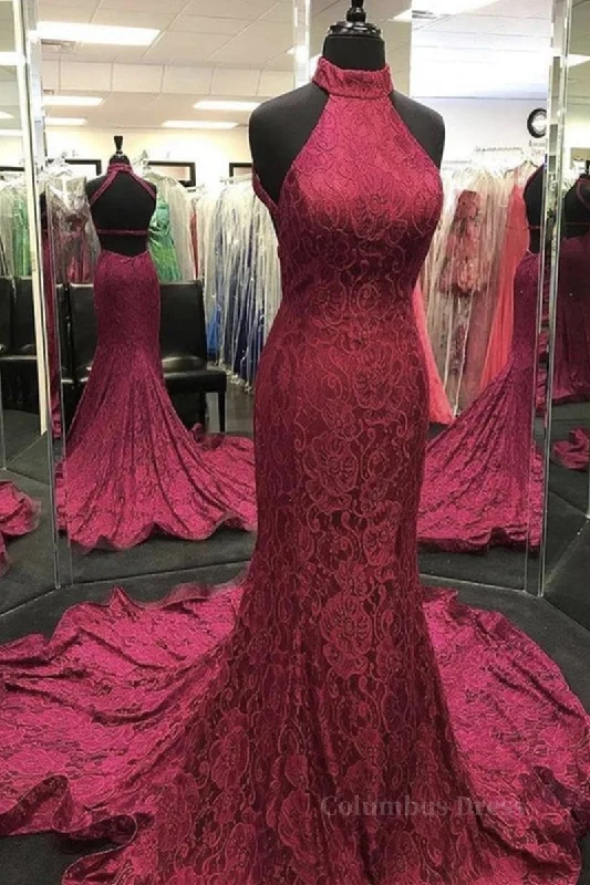 High Neck Backless Burgundy Lace long Corset Prom Dress, Long Burgundy Lace Corset Formal Evening Dress, Burgundy Corset Ball Gown outfits Lace Dress Fit