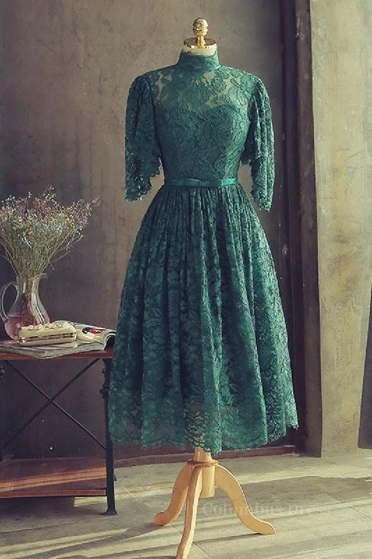 High Neck Half Sleeves Green Lace Corset Prom Dress, Green Lace Corset Formal Graduation Corset Homecoming Dress outfit Lace Dress Layers