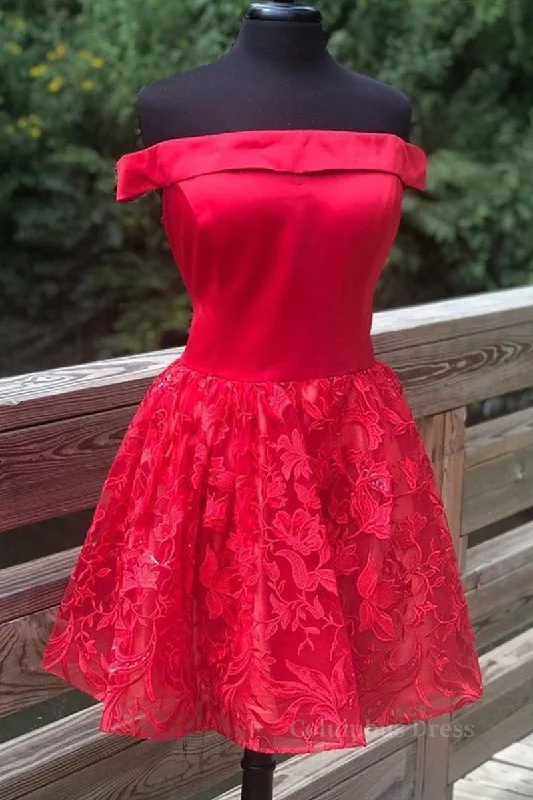 Off Shoulder Short Red Lace Corset Prom Dress, Off Shoulder Red Lace Corset Formal Graduation Dress, Red Lace Corset Homecoming Dress outfit Lace Dress Day