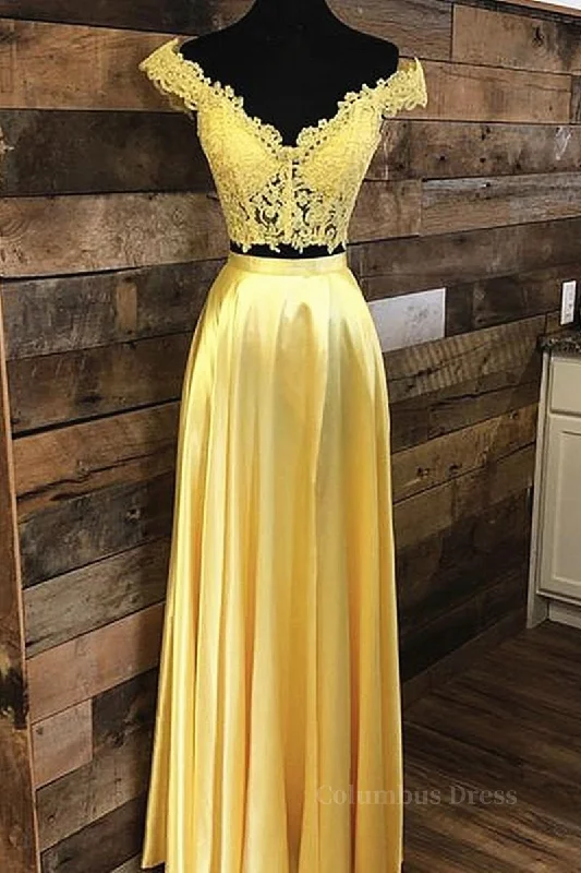 Off Shoulder Two Pieces Lace Yellow Long Corset Prom Dress, Off the Shoulder Yellow Lace Corset Formal Dress, Two Pieces Yellow Lace Evening Dress outfit Elegant Lace Dress