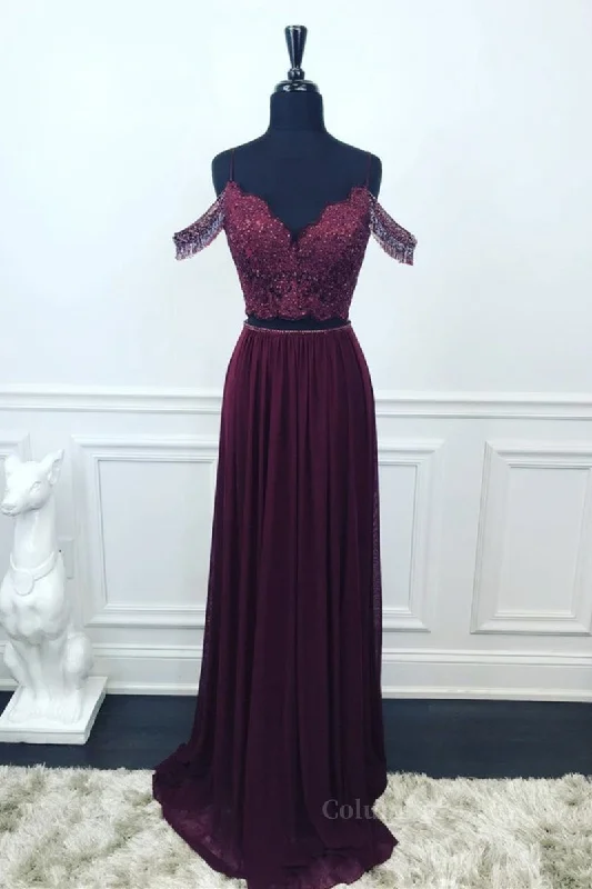 Off Shoulder Two Pieces Purple Lace Long Corset Prom Dress, 2 Pieces Purple Corset Formal Dress, Purple Lace Evening Dress outfit Elegant Lace Gown