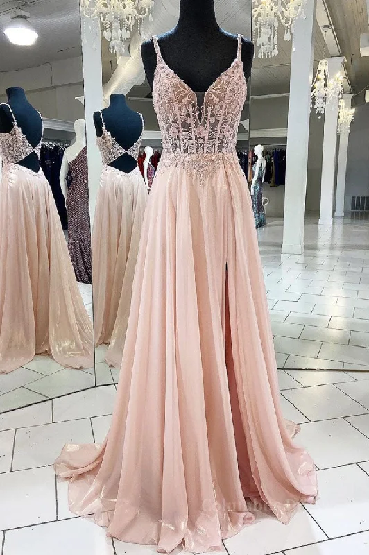 Pink v neck lace chiffon long Corset Prom dress, pink Corset Formal dress outfit