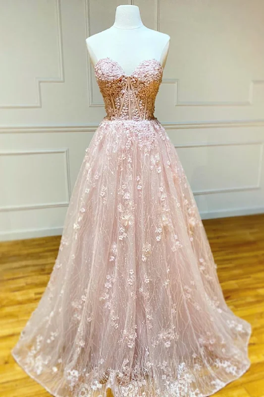 Strapless Sweetheart Neck Pink Lace Long Corset Prom Dress, Pink Lace Corset Formal Graduation Evening Dress outfit Simple Lace Dress