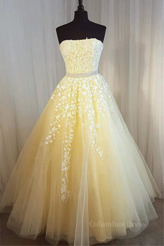 Strapless Yellow Lace Long Corset Prom Dress, Yellow Lace Corset Formal Graduation Evening Dress, Yellow Corset Ball Gown outfits Lace Dress Sleek