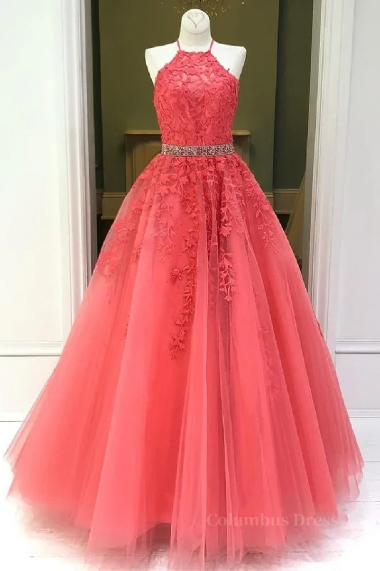 Stylish Backless Coral Lace Long Corset Prom Dress, Coral Lace Corset Formal Graduation Evening Dress outfit Bohemian Lace Dress